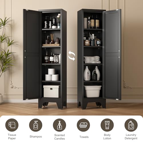 Image of LCAOPC 67 inch Tall Narrow Bathroom Metal Storage Cabinet with 4 Adjustable Shelves, Freestanding 5 Tier Slim Pantry Storage Cabinet for Small Space, Black