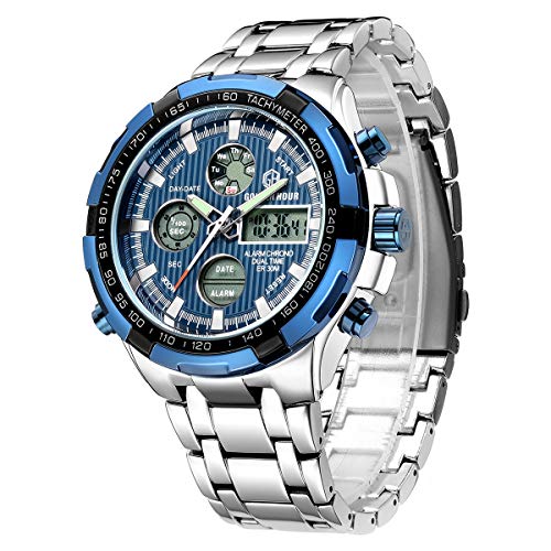 Affute Montre numérique et analogique pour Homme Acier Inoxydable Lourd Sport Multifonctions, chronographe, étanche, Fonction Date, Alarme (Silver Blue)