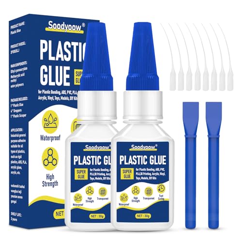 Soodyoow 2x30g Kunststoffkleber Extra Stark, Sekundenkleber Plastikkleber für Modellbau, Acrylglas, PLA, 3D Druck Komplettset mit Spachtel