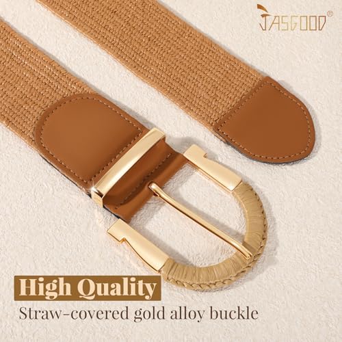 JASGOOD Straw Woven Belt for Women Dresses Boho Elastic Braided Belt Rattan Raffia Belts Ladies Wide Belt,1.97" Width3