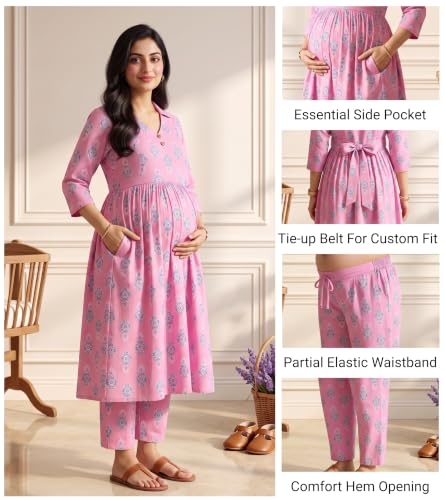 Image of DUMMY SHAPE Maternity Dresses for Women Cotton | Floral Kurta Pant Dupatta Set with Nursing Zippers, Side Pocket | Pre & Post Pregnancy | Feeding Kurti Suit | Baby Shower | Gifts for Pregnant Woman