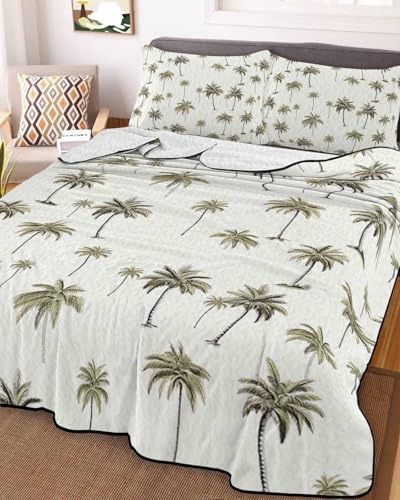 3-Piece Summer Quilt Twin XL Size, Palm Trees Lightweight Cooling Bedding Comforter Blanket with 2 Pillow Shams, Green Botanical Summer Tropical Plants Bedspreads Quilted Coverlet Sets 68