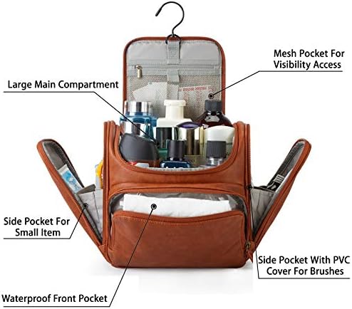 Toiletry Bag, BAGSMART Hanging Leather Toiletry Kit Large Women Mens Travel Organizer Water-Resistant for Full Sized Container, Toiletries, Brushes Shaving (Brown)