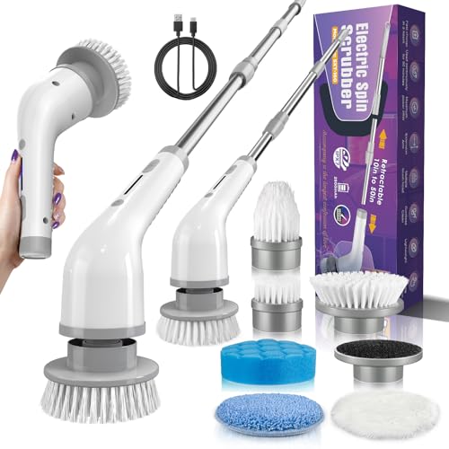 Image of Electric Spin Scrubber, 7 Replaceable Brush Heads, 1.5H Bathroom Scrubber Dual Speed & Adjustable Extension Arm, Cordless Household Cleaning Brush for Bathroom Tub Tile Floor