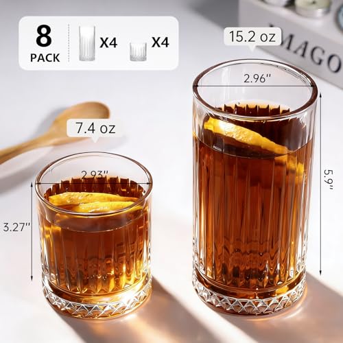 Image of Ruckae Drinking Glasses Set of 8,15 oz and 7 oz Kitchen Water Glass Cups Set,Clear Ribbed Glassware Dishwasher Safe,Mixed Drinkware for Beer,Juice,Cocktail,Whiskey,Milk and Various Mixed Drinks