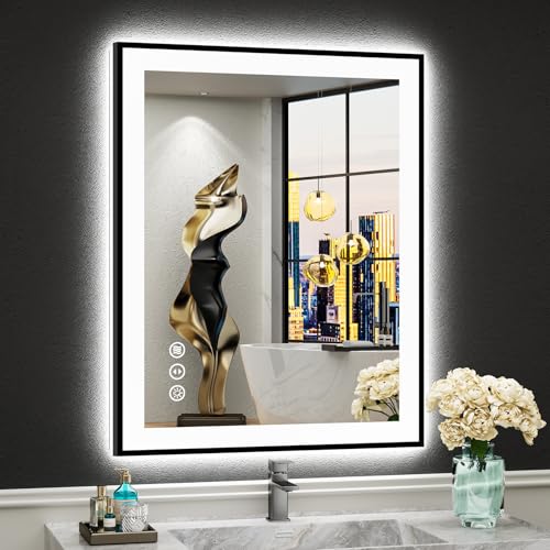Image of 24x30 Black Framed LED Bathroom Mirror with Lights, Backlit and Front Lit Anti-Fog Lighted Vanity Mirror for Bathroom Wall, Dimmable, 3 Colors, Memory, Shatter-Proof, HD Tempered Glass, CRI 95