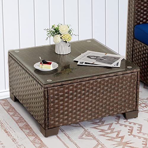 Patio Furniture Wicker Coffee Table Outdoor Garden Square Side Table With Tempered Glass Top Brown #TOP1