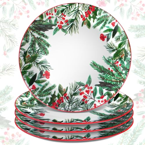 Uiifan 4 PCS Christmas Trees Ceramic Salad Plates Green Dinner Plate Xmas Tree Decoration Porcelain Plate Set Winter Dessert Plates for Christmas Dinner Party Holiday Kitchen Decor (Winter Leaves)