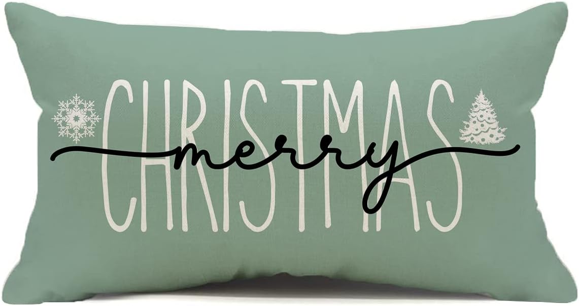 Merry Christmas Christmas Decorations Pillow Cover, 12 x 20 Inch Christmas Saying Farmhouse Cushion Case for Sofa Couch(Light Green,12''x20'')