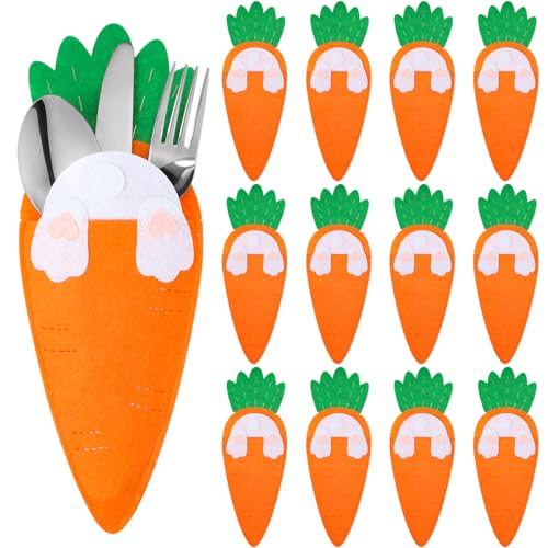 Beeveer 12 Pcs Easter Carrot Utensil Cutlery Holders Bag Felt Bunny Fork Cutter Pouches Silverware Pocket Bag for Easter Home Spring Party Table Decoration Knife Forks Organizer