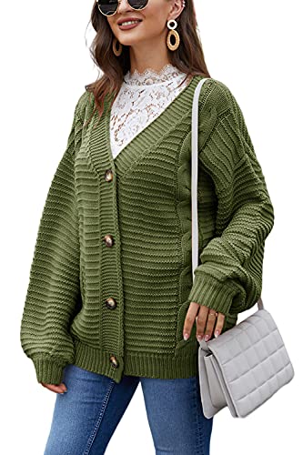 Brubobo Women's Cable Knit Button Down Cardigan Sweaters Lantern Long Sleeve Chunky Casual Fall Sweater Coats Outerwear Army Green #TOP2