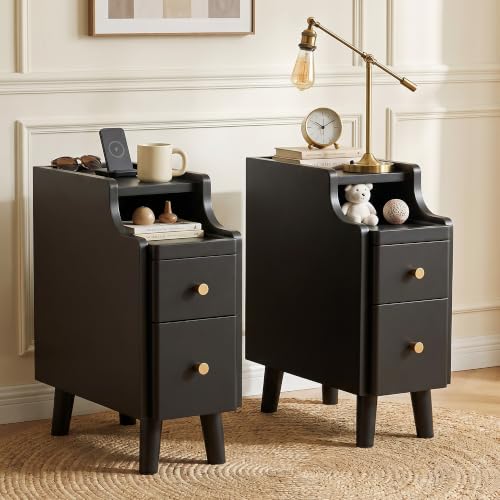 Image of Nightstand with Drawers Set 2, Pre-Assembled, 19.7 inch H Natural Solid Wood Night Stand with Open Sliding Shelf, Mid Century Modern Small Bedside Table Cabinet for Bedroom, Black 8 inch