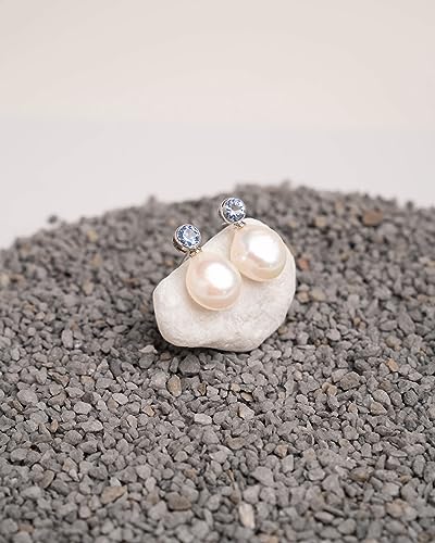 Women Pearl Earrings Freshwater Cultured Pearls Baroque Shape 12 to 13 mm with Large Zirconia Stone SECRET & YOU | Sterling Silver Earrings with Big Butterfly Backs.3