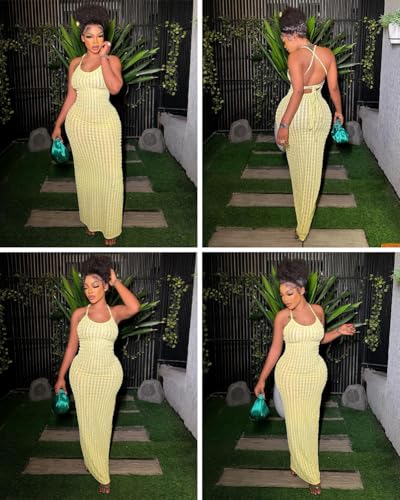 Image of RARITYUS Women's Lace Up Bodycon Maxi Dress Sexy Low Cut Backless Sleeveless Textured Long Party Club Dresses