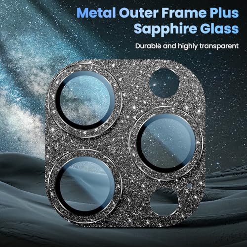 Image of Uyiton Compatible with iPhone 16 Pro /iPhone 16 Pro Max Camera Lens Protector - [Not Easy to Break][Strong Adsorption][Case-Friendly] Metal Tempered Glass Rear Camera Screen Cover - Glitter Black