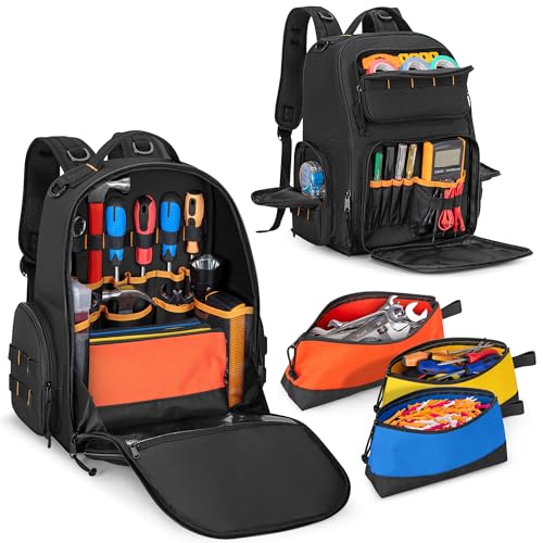 Rexmica Tactical Tool Backpack with 3 Zipper Pouches, Tool Storage Work Bag with Padded Support for Men, Heavy-Duty Tool Organiser Bag Carrier for Repairman, Electrician, Handyman, Black