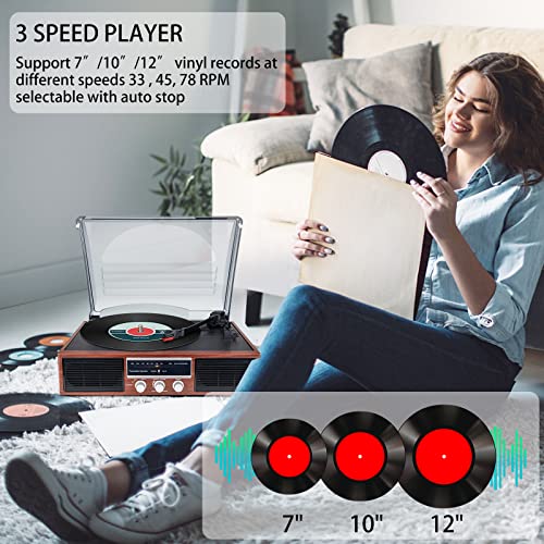 LUXSWAY Bluetooth Record Player Turntable,3-Speed Turntable Vinyl Record Player FM Radio with 2 Built-in Stereo Speakers,33 45 78RPM Vintage Phonograph Player,L/R Line Out Speaker,Dust Cover