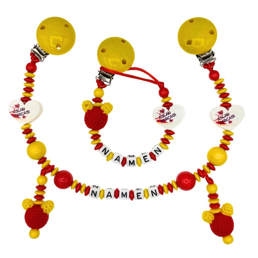 Set Nuckelkette + Kinderwagenkette mit Namen " für GALATASARAY Fan - ASLAN PARCASI - MAUS " Rot Gelb/Baby/Unisex/Personalisiert/HANDMADE