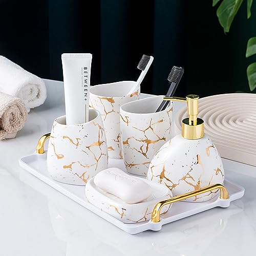 Zielony 5-częściowy zestaw dozowników mydła łazienkowego – ceramiczny dozownik mydła mydelniczka 2 kubki na szczoteczki do zębów i uchwyt elegancki złoty marmurowy wzór stylowa dekoracja domu