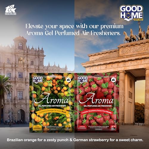 Image of Good Home Air Freshener Aroma Gel |Long Lasting Premium Fragrance Booster |Skin Friendly for Home /Office /Bathrom |Luscious Strawberry 4 + 4 Tangy Orange |(Pack of 8, 10g x 8)