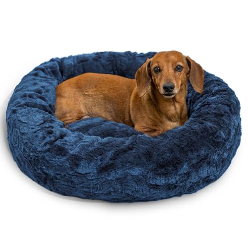 Image of Best Friends by Sheri The Original Calming Donut Dog Bed for Small Dogs up to 25 lbs, Lux Faux Fur, Navy Blue, 23 inch x 23 inch