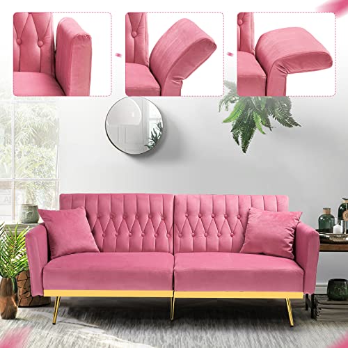 Acmease 70” Velvet Futon Sofa Bed With 2 Pillows And Adjustable Armrests, Convertible Sleeper Bed, Modern Loveseat For Living Room, Bedroom, Pink #TOP3