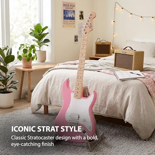 Image of Fender Squier Sonic Stratocaster HT H - Flash Pink Bundle with Mustang Micro Headphone Amp, Cable, Tuner, Strap, Picks, and Austin Bazaar Instructional DVD
