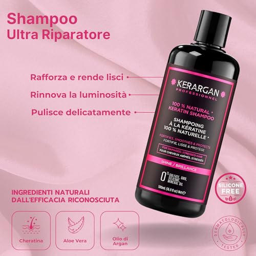Kerargan - Kit Completo Ultra Riparatore Alla Cheratina Per Capelli Danneggiati E Stressati - Senza Solfati, Parabeni, Siliconi - 3X500Ml + 100Ml + 350Ml + 250Ml - 3