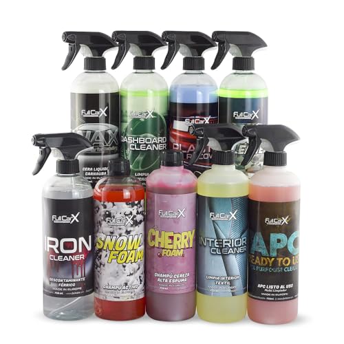 FULLCARX Kit Limpieza Coche Exterior Interior Detailing, Limpia Llantas, Tapicería, Renovador Plásticos Salpicaderos, Champú PH Neutro y Alcalino Rosa, Cera Carnauba, APC Listo al Uso Limpiacristales