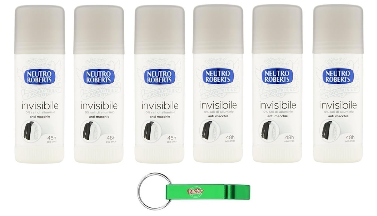 6x Neutro Roberts Deodorante Stick Invisible - Deo Stick,0% Aluminiumsalze,0% Flecken,40ml + Beni Culinari Kostenloser Schlüsselanhänger
