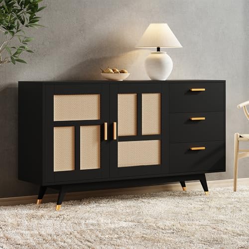 BENMWS Armario de ratán decorativo moderno, armario de almacenamiento multifuncional, 2 puertas de ratán, 3 cajones, decoración dorada buffet, 80 x 160 cm (negro)