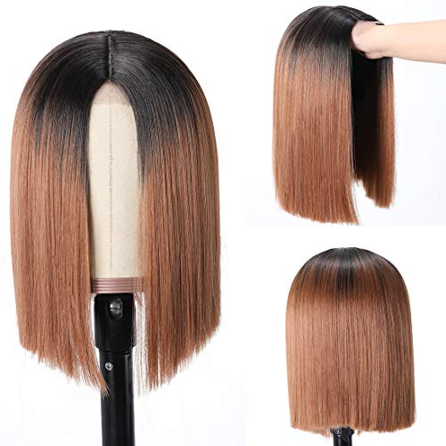 Buladou Hair Natural Looking Straight Fake Scalp None Lace Short Synthetic Bob Wigs with Dark Roots Medium Length Ombre Bob Heat Resistant Fiber Wigs For Black Women