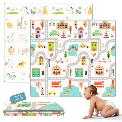 HuBorns - Tapis Bebe Pliable 200x180, Tapis d'Eveil Bebe Reversible avec Bord Renforcé pour Plus Sécurité, Tapis de Jeux Bebe Epais avec Protection...