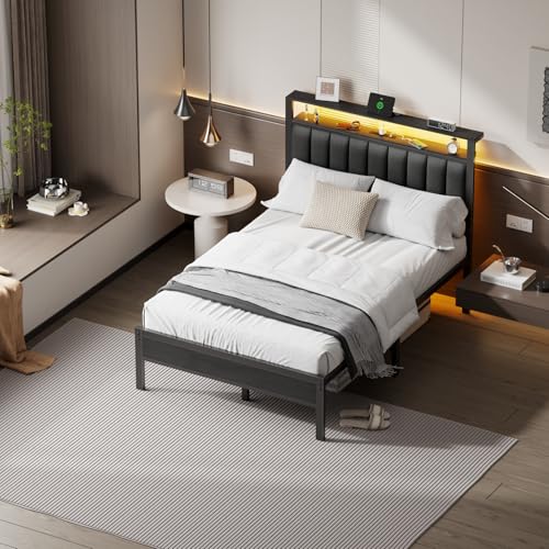 Image of Furnulem Full Size Bed Frame with Charging Station and LED Lights, Platform Bed with Metal Slats, Grey Upholstered Headboard with 2-Tier Storage Shelves, No Box Spring Needed