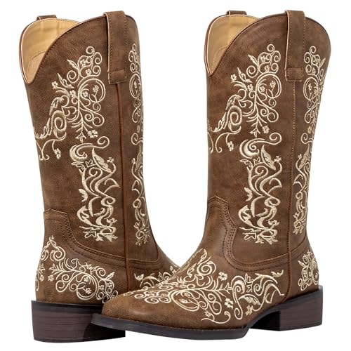 Image of SheSole Women Cowboy Boots Sparkle Western Cowgirl Boots for Ladies Rhinestone Wide Square Toe Mid Calf Floral Shoes
