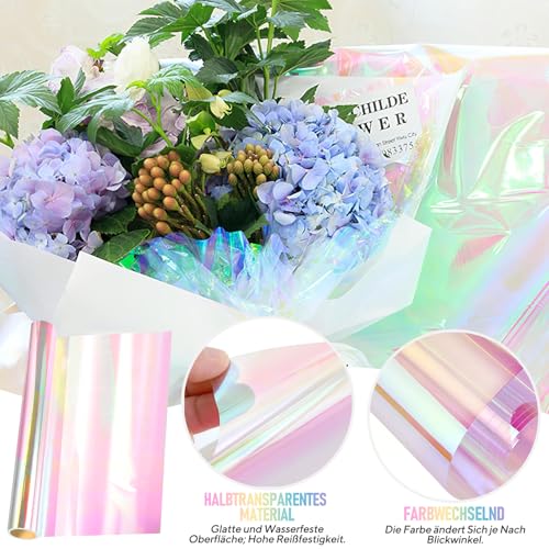 Irisierende Folie, Schillernd Cellophan Rolle 88cmx15m, Geschenkfolie Transparent Regenbogen, Geschenkfolie Farbig, Geschenkpapier Folie für Hochzeiten Blumen Geschenkkörbe Snacks Geschenk Süßigkeiten