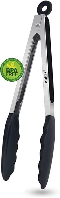 Walfos Kitchen Tongs - Heat Resistant 480 Cooking Tongs, Thickened Stainless Steel and BPA Free Silicone Tips, Great for Cooking, Grilling, Turning, 9in Food Tongs