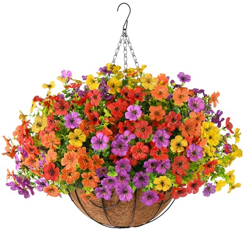 Artificial Faux Hanging Flowers Plants with Basket for Outdoor Spring Decoration, Fake Silk Daisy Outside Indoor UV Resistant Look Real Yard Patio Front Porch Garden Balcony Home Decor(Mix2)