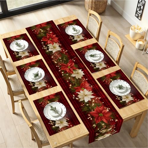 Christmas Table Runners and Placemats Set of 6, Red...