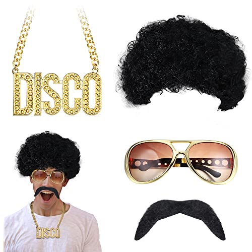 LOLIAS 4/5 Stück Herren Hippie Perücken Kostüm Zubehör Set Hippie Afro Perücke Gold Disco Dollar Halskette Sonnenbrille Schnurrbart Ring 60er 70er 80er Kostüm Hippie Kostüm Disco Thema Party Cover