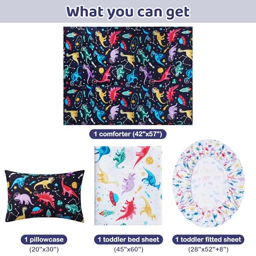 Image of lasoftan Toddler Bedding Set, Toddler Bed Comforter Sets for Girls, Toddler Bed Set, Space Dinosaur Printed