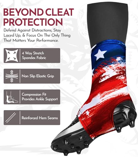 Exxact Sports Spats Football Cleat Covers - Keep Your Laces Tied and Cleats Clean, Football Spats for Cleats, Perfect for Baseball, Soccer, Lacrosse, Hockey (USA Flag Brushy, X-Large)