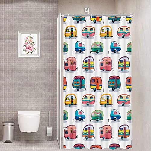 JAWO Camper Curtains RV Shower Curtain for Camper Trailer Camping Bathroom Retro RV Fun Camping Rv Shower Curtains Happy Camper Stall Shower Curtain with Hooks Set 36x70 Inches