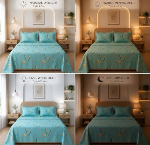 Image of HOMEKART Glace Cotton 160 TC Leaf Printed Double Bedsheet with 2 King Size Pillow Covers | Soft & Durable | 86 x 88Inches (Green)
