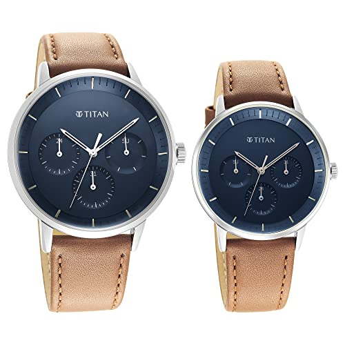 Image of Titan Modern Bandhan Blue Dial Quartz Multifunction Leather Strap Watch for Couple-NS9400694206SL01P