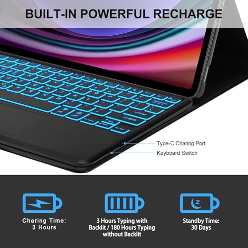 Image of MICROWARE Samsung Galaxy Tab S9 FE+ /S9+ 12.4 inch Keyboard Case: 3 Zone 7 Colors Backlit Trackpad Keyboard for 12.4 inch Galaxy Tab S9 FE Plus (Normal Trackpad, S9 12.4 inch)