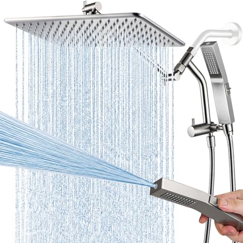 G-Promise All Metal 14 Inch Rain Shower Head with Power Wash Mode Handheld Spray Combo, Pause Setting 3-way Diverter, Full Body Coverage Waterfall Showerhead, Luxury Bathroom Upgrade (Brushed Nickel,