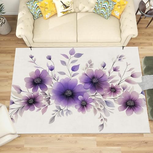 Tapis moderne violet doux et resistant motifs fleurs de style