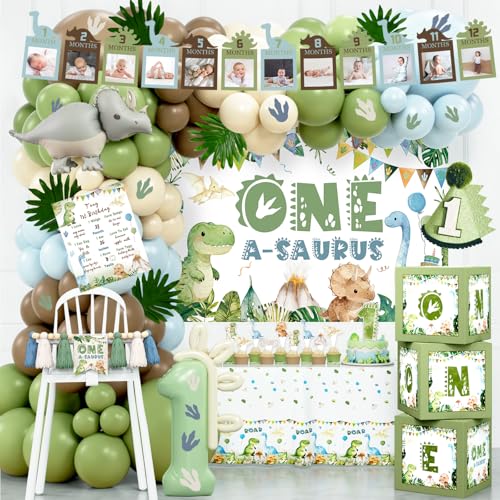 Hombae One a Saurus Birthday Decorations Dinosaur 1st Birthday Party Supplies with One-A-Saurus Backdrop Balloon Garland Highchair Banner Boxes for Boys First Dino Theme Party