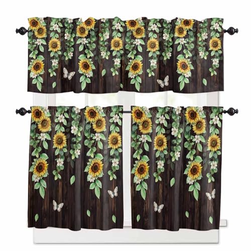 Sunflower Kitchen Curtains 36 Inch Length,3 Piece Rod Pocket Small Half Tiers and Valance Set,Butterfly Flowers Green Leaf Brown Wood Grain Small Large Window Treatment Decor for Bedroom/Bathroom